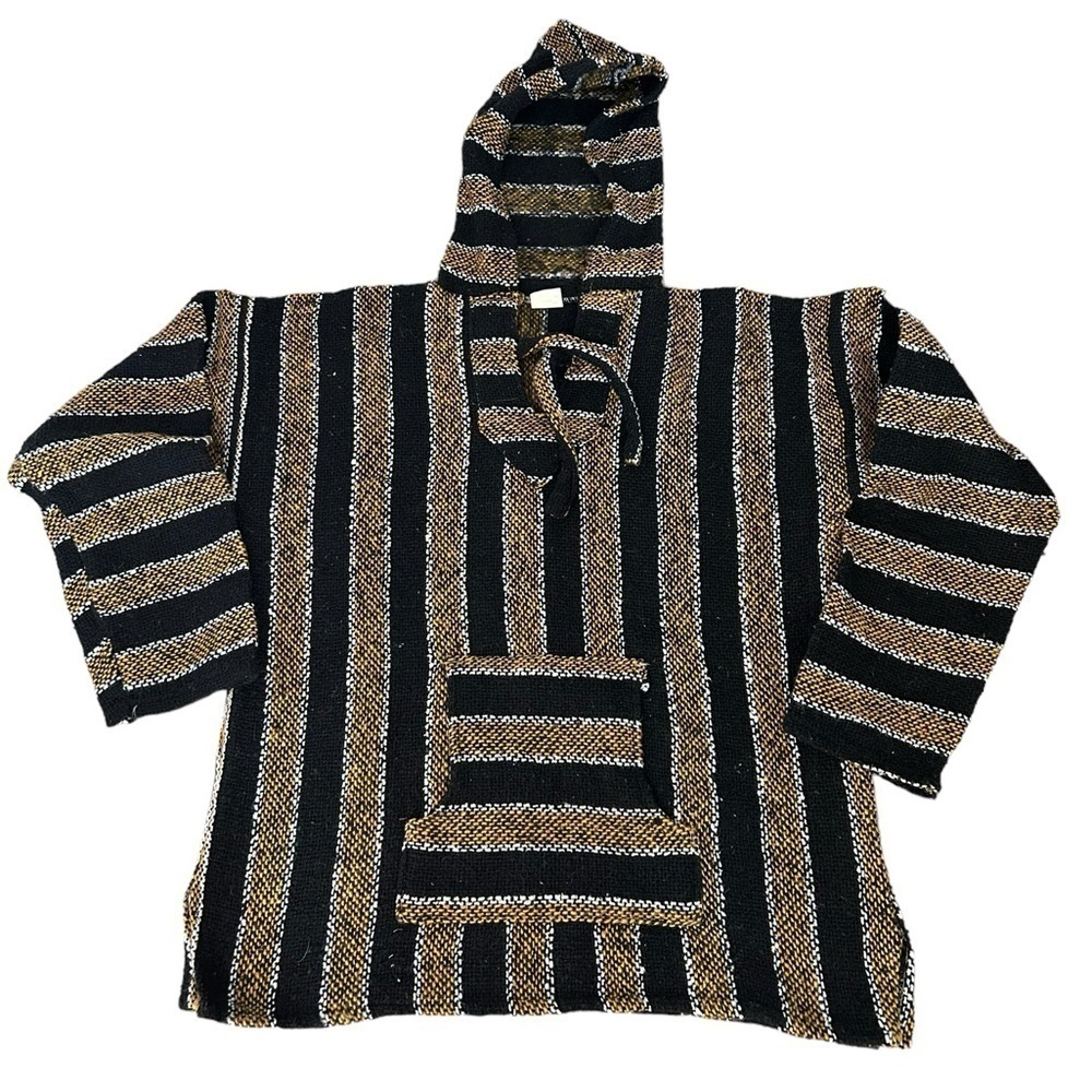 ♥️Mexican BAJA HOODIE BROWN BLACK White PONCHO Sweater Surfer Skater Size Medium